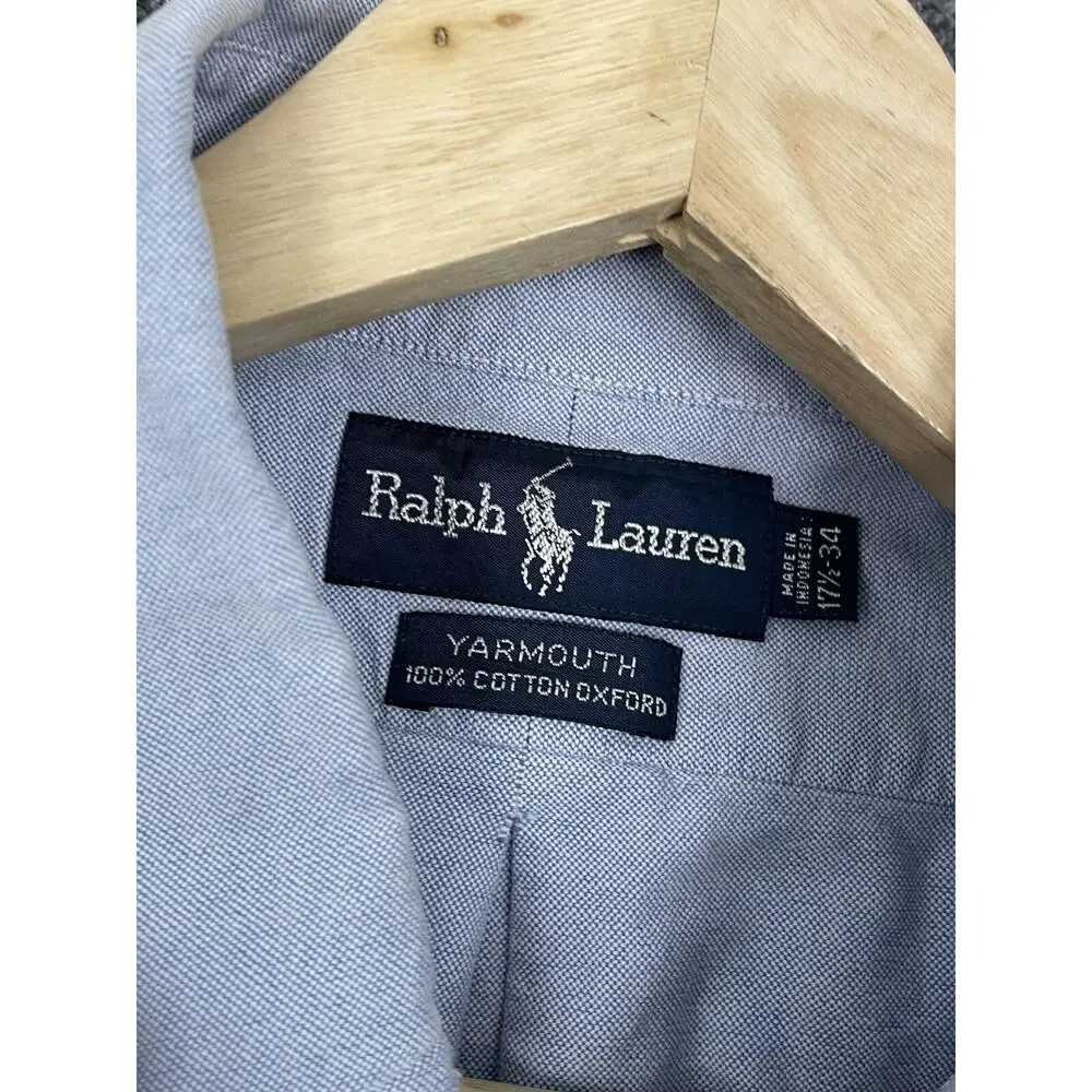 Polo Ralph Lauren Dress Shirt Mens 17.5 -34 Button Up Blue Solid Long Sleeve N53